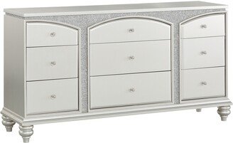 Modern Style 9 Drawer Wooden Dresser with Rhinestone Inlays, Silver