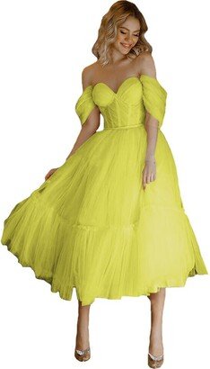 Generic Women's Off Shoulder Puffy Sleeves Dress Tea Length V Neck 2023 Cocktail Long Dresses CS563 Yellow-16