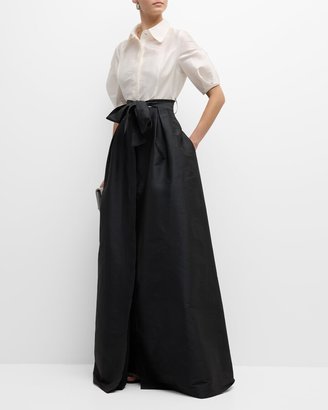 Puff-Sleeve Two-Tone Tafetta Shirt Gown