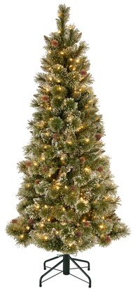 National Tree Company National Tree 5' Glistening Pine Pencil Slim Hinged Tree with Silver Glittered Cones & 150 Clear Lights