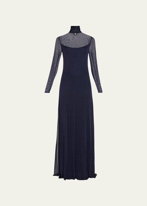 Sheer Turtleneck Knit Column Evening Dress