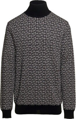 Black and White Sweater with 'All-over' Monogram in Wool and Linen Man