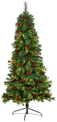 Flat Back Montreal Mountain Pine Artificial Christmas Tree with Pinecones, Berries and 150 Warm Led Lights and 359 Bendable Branches, 6'