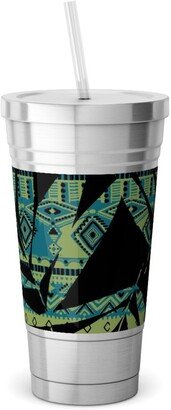 Travel Mugs: Patterned Palm - Dark Stainless Tumbler With Straw, 18Oz, Black