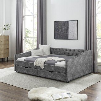 IGEMAN Full Size Daybed with Drawers Upholstered Tufted Sofa Bed with Button On Back and Copper Nail On Waved Shape Arms