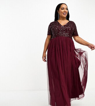 Bridesmaid short sleeve maxi tulle dress with tonal delicate sequins in wine