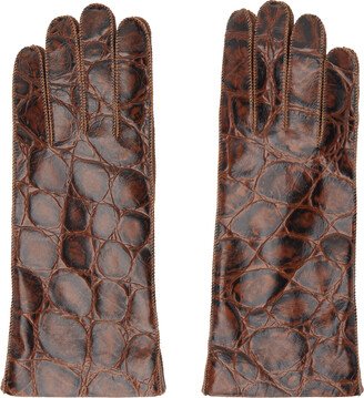 Brown Crocodile-Effect Leather Gloves