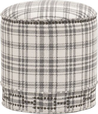 Elly 20 Inch Plaid Fabric Ottoman, Round, Nailhead Accents, Gray, White