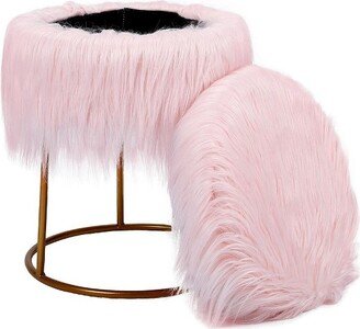 Round Pink Faux Fur Foot Stool Storage Ottoman with Pale Gold Legs