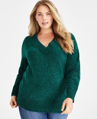 Style & Co Plus Size V-Neck Long-Sleeve Chenille Sweater, Created for Macy's