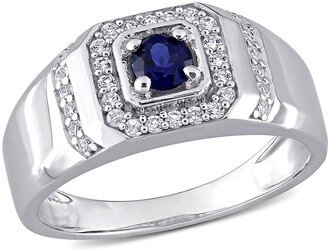 DELMAR Men's Sterling Silver Created White & Blue Sapphire Halo Ring