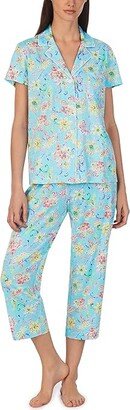 Short Sleeve Notch Collar Capris PJ Set (Aqua Floral) Women's Pajama Sets