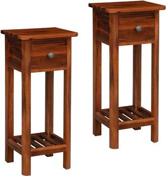 2PCS 2 Tier End Bedside Sofa Side Table with Drawer Shelf Acacia Wood Nightstand