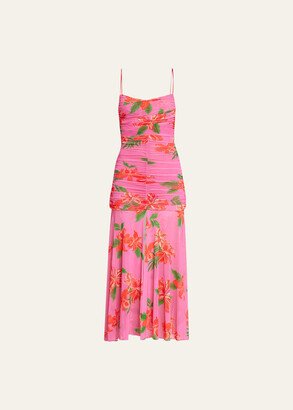 Floral Mesh Spaghetti-Strap Midi Dress