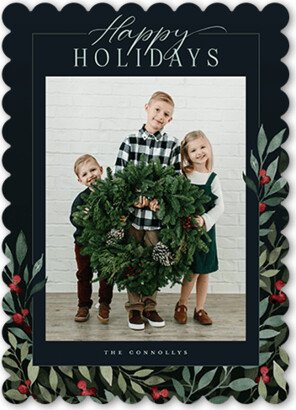 Holiday Cards: Beaming Berries Holiday Card, Black, 5X7, Holiday, Pearl Shimmer Cardstock, Scallop