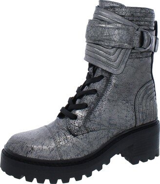 Basia Womens Leather Metallic Combat & Lace-up Boots