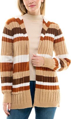 Juniors' Stripe-Print Hooded Sherpa Cardigan