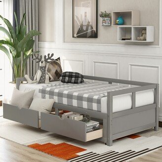 Extendable Wooden Daybed with Trundle Bed and Two Storage Drawers