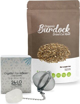 Burdock Root 4 Oz. With Crystal Tea Infuser - Clear Quartz Stainless Steel Ball Mesh Strainer, Herbal