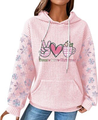 Generic PJZQXS Women Christmas Waffle Hoodie Plaid Heart and Coffee Graphic Sweatshirt Snowflake Printed On Sleeves Pocketed Tops(Pink