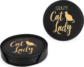 Juvale 6 Pack Crazy Cat Lady Leather Drink Coasters Set with Holder Stand, Black, Round 4 In