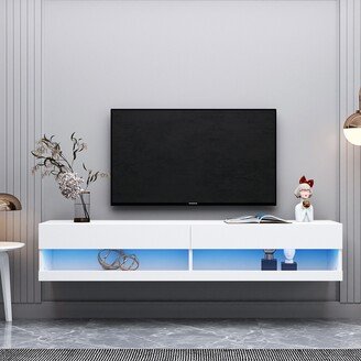 RASOO Wall-Mounted Floating TV Stand with LED Lights and Storage Compartments-AA