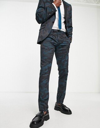 vallely skinny fit suit pants in dark green camo