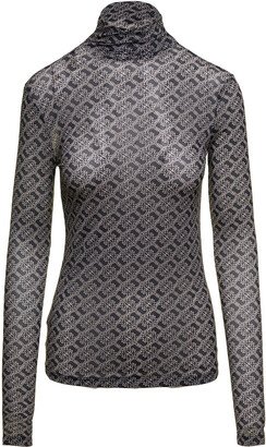 Blaxk Turtleneck Sweeater With 'all-over' Logo Drawing Motif In Stretch Fabric Woman