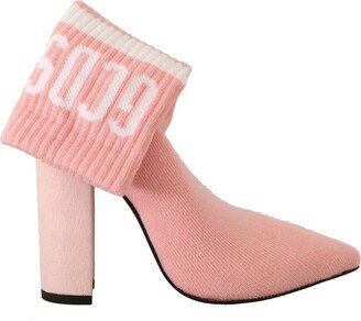 Pink Suede Logo Socks Block Heel Ankle Boots Women's Shoes