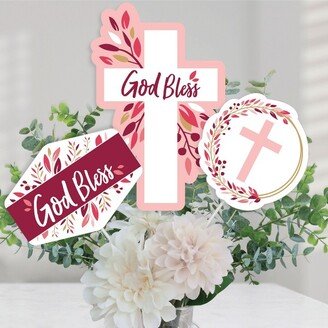 Big Dot of Happiness Pink Elegant Cross - Girl Religious Party Centerpiece Sticks - Table Toppers - Set of 15