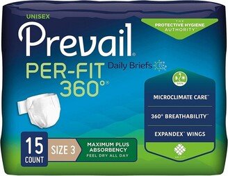 Prevail Per-Fit 360° Unisex Daily Briefs, Maximum Plus Absorbency, Refastenable Tabs, X-Large (Size 3), 15ct Bag