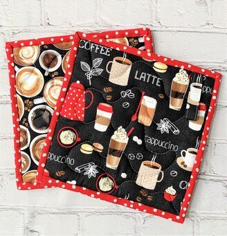 Handmade Coffee Potholder Set in Red & Chalkboard Black, Lovers Kitchen, Kitchen Accessories, Cute Decor, Fun