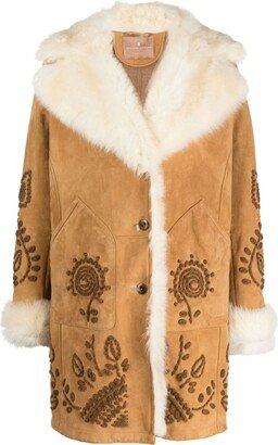 Embroidered-Design Leather Coat