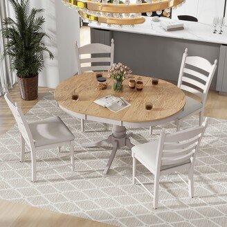 5-Piece Functional Dining Table Set，Round Extendable Dining Table and 4 Upholstered Dining Chairs