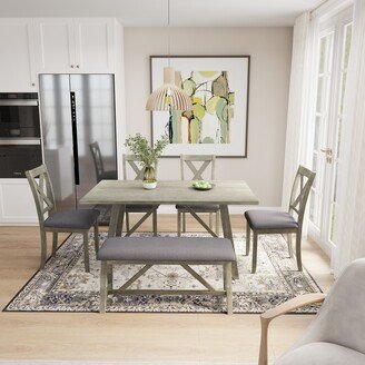 6 Piece Dining Table Set with Table, Bench and 4 Chairs