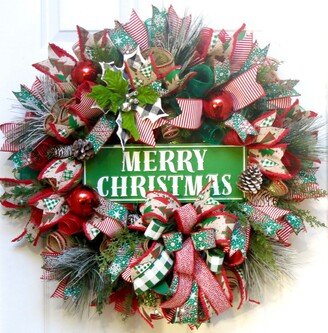 Christmas Wreaths For Front Door, Decoration, Deco Mesh Wreath, Merry Buffalo Check Wreath, Holiday Wreath