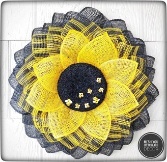 Bee Sunflower Wreath For Front Door, Yellow & Black Poly Burlap Flower Wreath, Bumble Summer Porch Decor, Decor