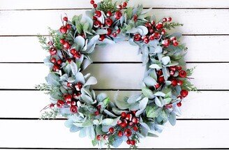 Winter Wreath, Christmas Lambs Ear & Frosted Berries Modern Farmhouse Red Berry Holiday Wreath