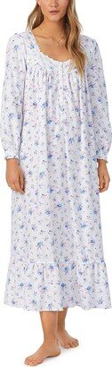 Cotton Rayon Flannel Long Sleeve Ballet Gown (White Ground Floral) Women's Pajama