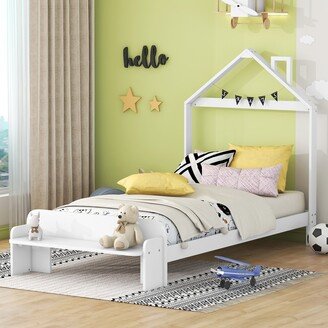 Joliwing Twin Size Kid Bed,Solid Wood House Platform Bed with Footboard Bench,White