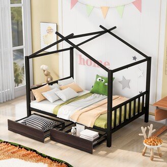 EDWINRAY Full Size Metal House Platform Bed with 2 Drawers & Roof Design, Black-AA