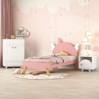 Aoolive 3-Pieces Cute Kid Bedroom Sets, Optional Twin Size or Full Size Platform Bed with Nightstand and Small Wardrobe