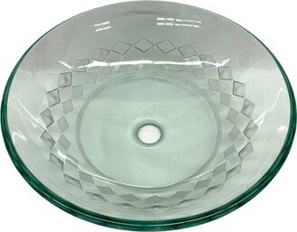Round Bathroom Sink Tempered Clear Glass Unique Carved Pattern Vessel Bowl Set With Pop Up Drain & Metal Ring in Chrome Finish