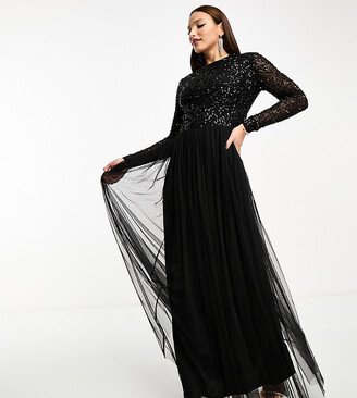 Maya Tall Bridesmaid long sleeve maxi tulle dress with tonal delicate sequin in black