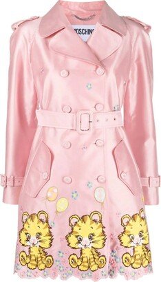 Kitty Cat Embroidered Trench Coat In Pink