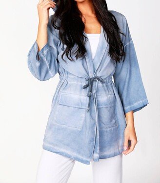 French Kyss Jennifer Hooded Long Trench Coat In Denim