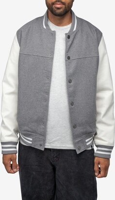 Men's Wool Varsity with Grainy Polyurethane Sleeves Bomber Jacket - Gray, White