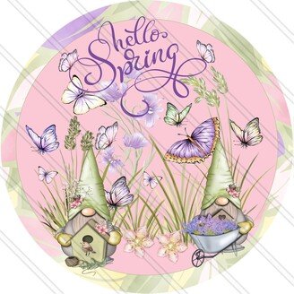 Hello Spring - Garden Gnomes Gardening Gnome Butterflies Purple & Green Metal Sign