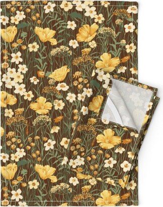 Poppy Flower Tea Towels | Set Of 2 - California Field By Emikundesigns Yellow Brown Linen Cotton Spoonflower