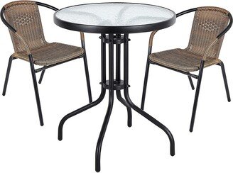 BTEXPERT Indoor Outdoor 23.75 Round Tempered Glass Metal Table + 2 Brown Restaurant Rattan Stack Chairs